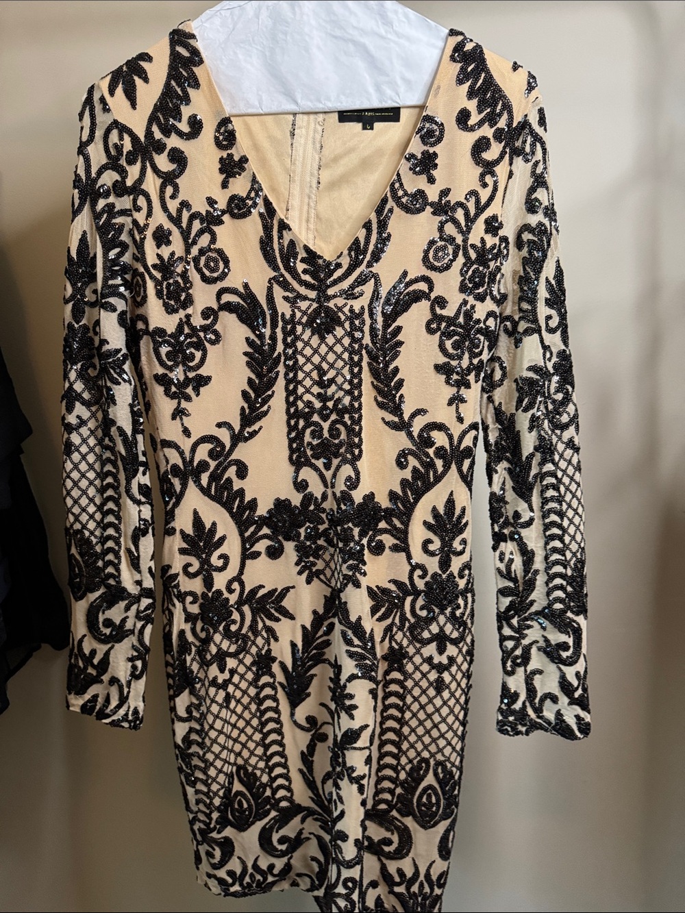 Beige Long-Sleeve V-Neck Dress with Black Sequin Ornamentation